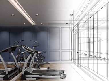 iç fitness salonu, 3d render soyut kroki tasarımı