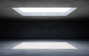 Güneş ışığı ve gölgesi olan boş beton iç mekan, 3D görüntüleme