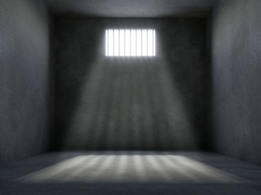 prison cell with light shining through a barred window, 3d rendering
