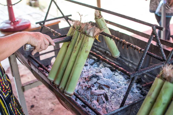 Thai Dessert Khaolam Glutinous Rice Coconut Milk Roasted Bamboo Joints — Stock Photo, Image