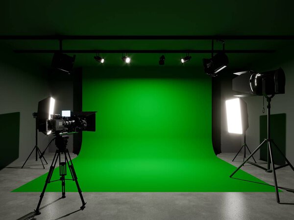 зеленый экран фотостудии с освещением и кинокамерой. 3D рендеринг
