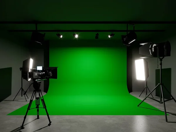 照明と映画カメラ付きの緑のスクリーンフォトスタジオ 3Dレンダリング ストック写真
