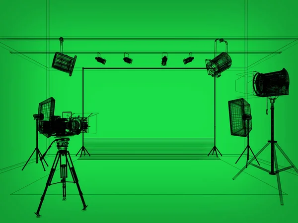 green screen photo studio with lighting and movie camera. 3D rendering  wire-frame