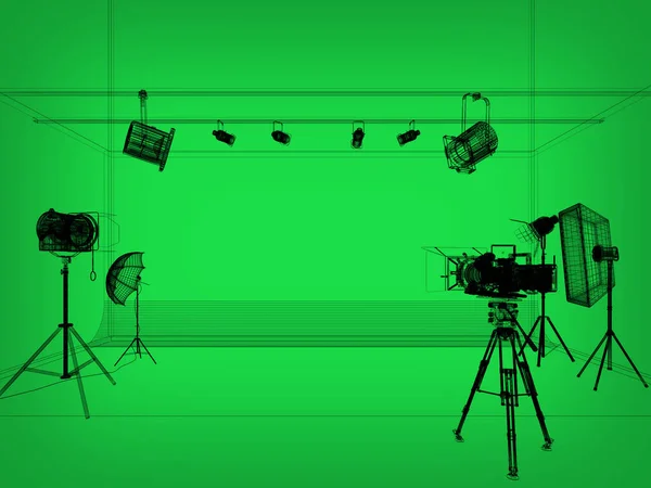 green screen photo studio with lighting and movie camera. 3D rendering  wire-frame
