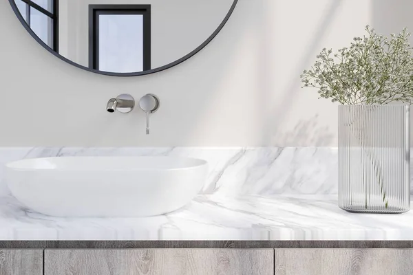 洗面台 鏡を備えた白い大理石のカウンタートップの3Dレンダリングバスルーム ロイヤリティフリーのストック写真