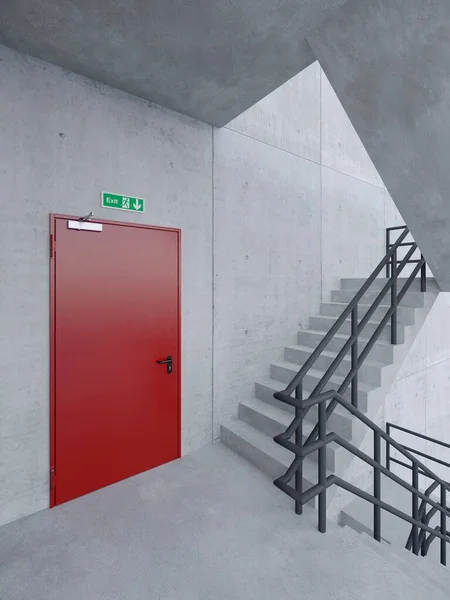 混凝土空间建筑中的火灾出口为红色金属门 3D渲染 — 图库照片