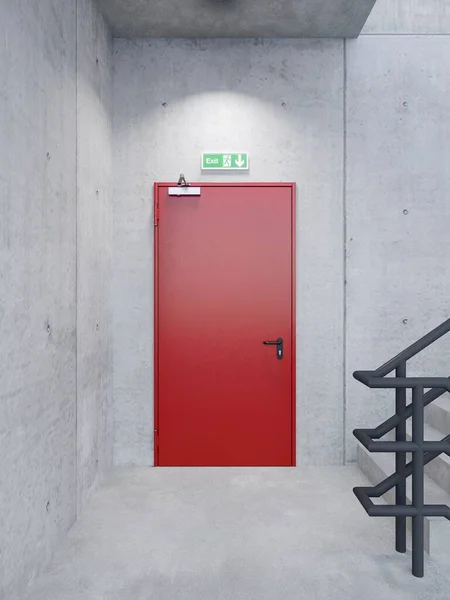 Wyjście Przeciwpożarowe Czerwone Metalowe Drzwi Budynku Betonowej Przestrzeni Renderowanie — Zdjęcie stockowe