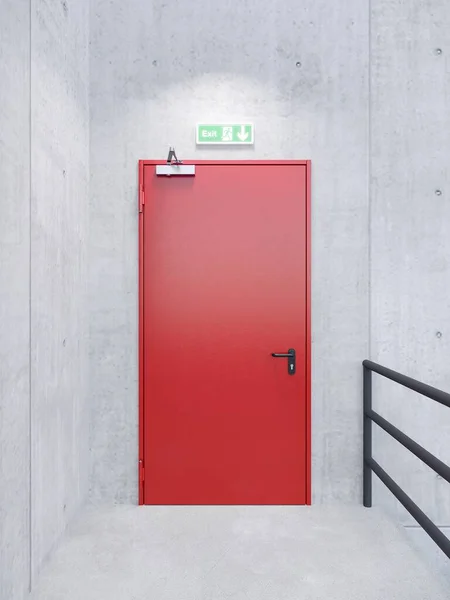 Wyjście Przeciwpożarowe Czerwone Metalowe Drzwi Budynku Betonowej Przestrzeni Renderowanie — Zdjęcie stockowe