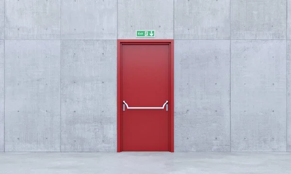 コンクリートの空間の建物に赤い金属製のドアを終了火災 3Dレンダリング — ストック写真