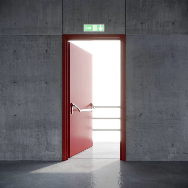 コンクリートの空間の建物の中で火の出口赤いドア 3Dレンダリング — ストック写真