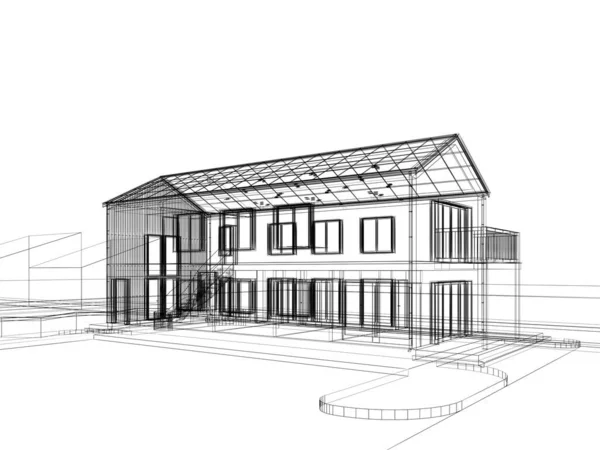 房屋设计图 3D渲染线框 — 图库照片