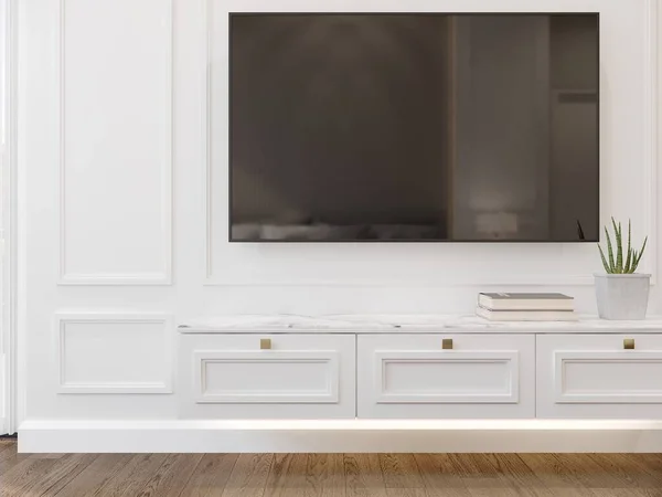 Рендеринг Низкого Шкафа Телевизором Классической Белой Стене — стоковое фото