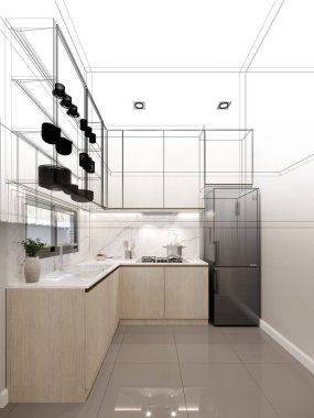 Mutfak odasının soyut tasarımı, 3D görüntüleme 