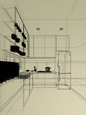 Mutfak odasının soyut tasarımı, 3D görüntüleme 