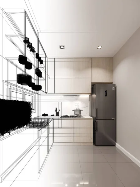 Desenho Esboço Abstrato Sala Cozinha Renderização — Fotografia de Stock
