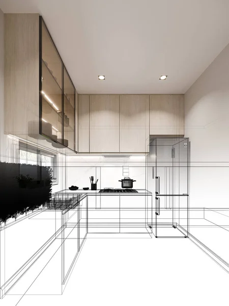 Abstract Sketch Design Kitchen Room Rendering — Stock Photo, Image
