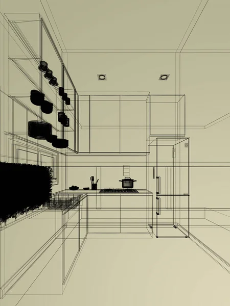 キッチンルームの抽象的なスケッチデザイン3Dレンダリング — ストック写真