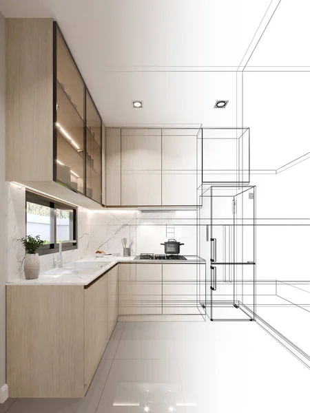 キッチンルームの抽象的なスケッチデザイン3Dレンダリング — ストック写真