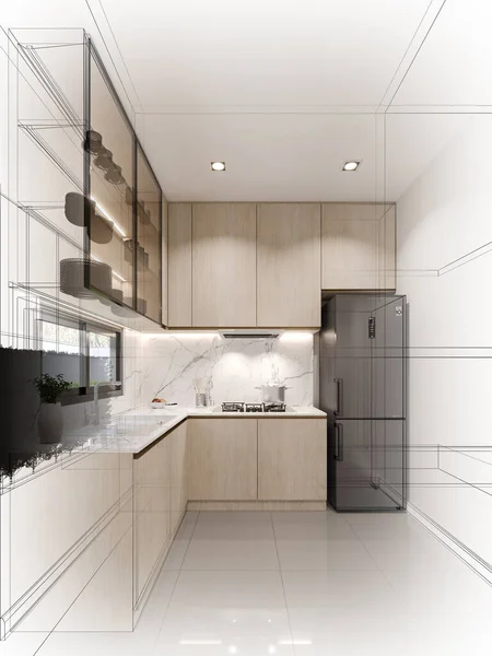 Diseño Abstracto Del Boceto Sala Cocina Renderizado — Foto de Stock