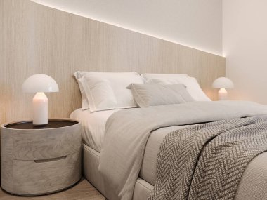 Yatak odasının içi yatak ve yastıklarla dolu.