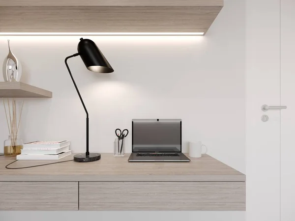 ノートパソコンと読書灯と木製机の3Dレンダリング — ストック写真