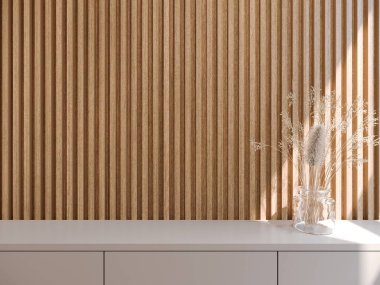 3D görüntüleme boş raf ve ahşap döşeme arka planı ile düşük dolap boşluk kapatır