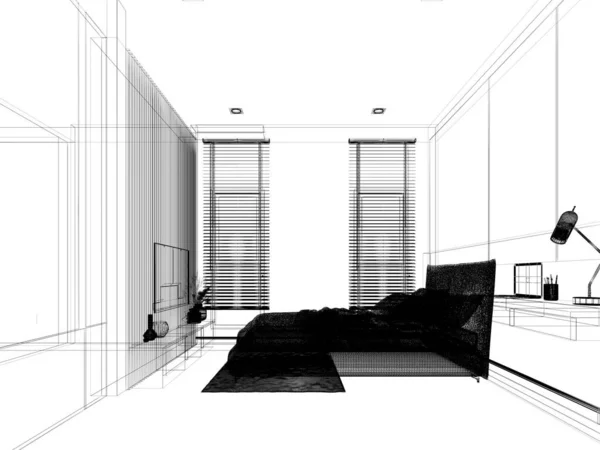 Diseño Boceto Dormitorio Interior Marco Alambre Renderizado — Foto de Stock