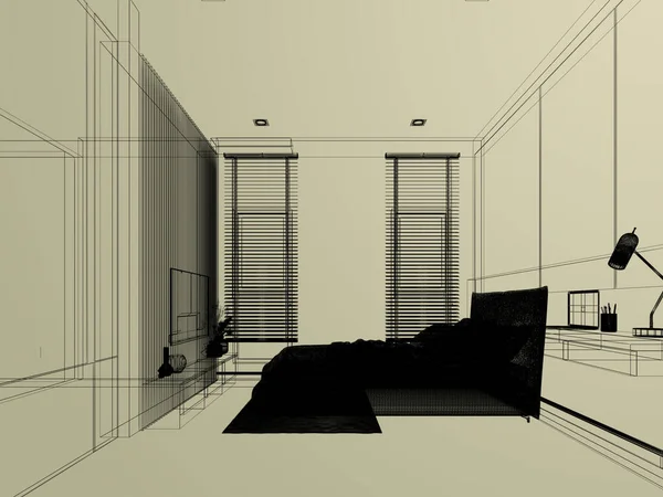 Ескіз Дизайну Інтер Єру Спальні Візуалізація Дротяної Рами — стокове фото
