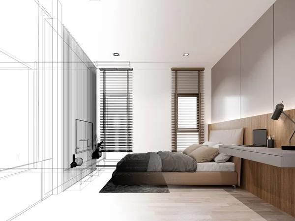 Sketch Design Interior Bedroom Rendering Wire Frame — Stock Photo, Image