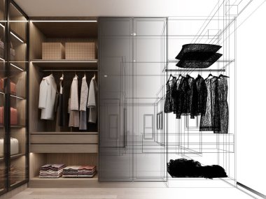 modern walk in closet wardrobe with clothes hanging interior design, 3d rendering wire frame clipart