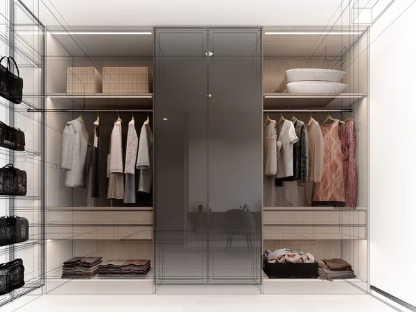modern walk in closet wardrobe with clothes hanging interior design, 3d rendering wire frame