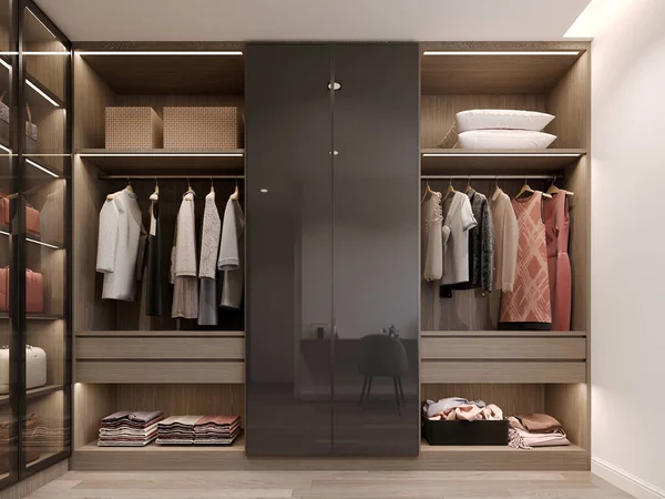 Moderno Walk Closet Armario Con Ropa Colgando Diseño Interiores Renderizado — Foto de Stock