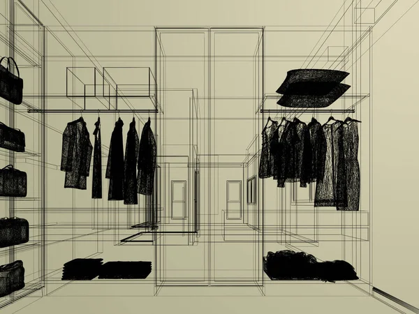 Moderno Walk Closet Armario Con Ropa Colgando Diseño Interiores Marco —  Fotos de Stock