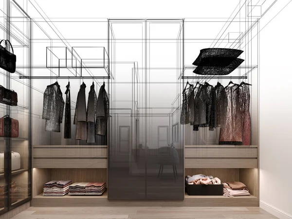 现代走在衣柜里 衣服挂着室内设计 3D渲染线框 图库图片
