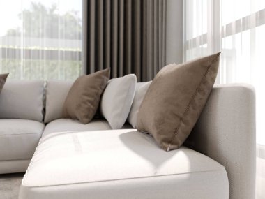 rahat oturma odasındaki kanepede üç boyutlu bir yastık. 