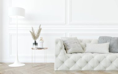 Klasik beyaz oturma odası iç tasarımı, 3 boyutlu. 