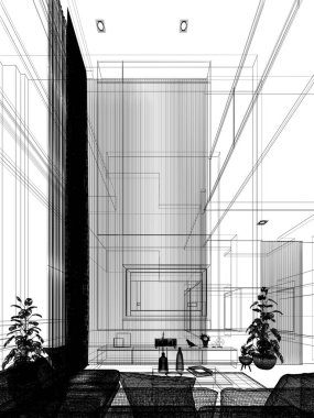 Konforlu oturma odası iç tasarımı, 3D kablo döşeme