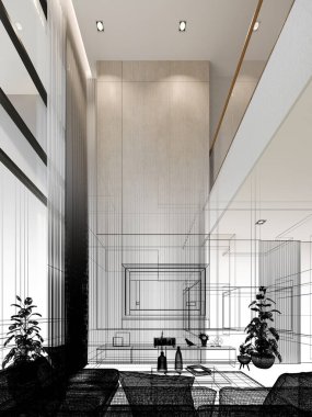 Konforlu oturma odası iç tasarımı, 3D kablo döşeme