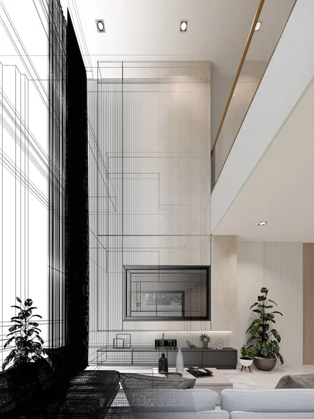 Útulný Design Interiéru Obývacího Pokoje Vykreslování Drátěný Rám — Stock fotografie