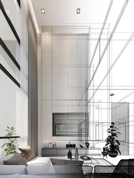 舒适的客厅室内设计 3D渲染线框 — 图库照片