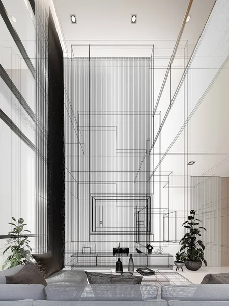 Acogedor Diseño Interior Sala Estar Marco Alambre Renderizado — Foto de Stock