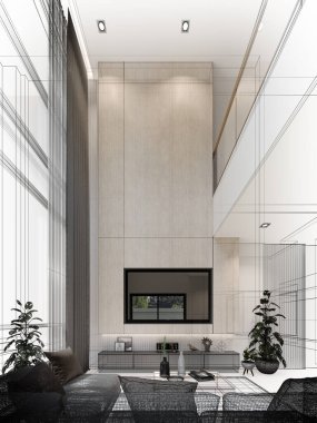 Konforlu oturma odası iç tasarımı, 3D kablo döşeme