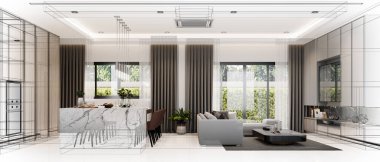 Konforlu oturma odası iç tasarımı, 3D tasarım.