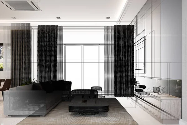 舒适客厅室内设计 3D渲染 — 图库照片