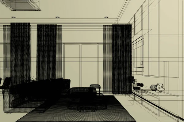 舒适客厅室内设计 3D渲染 — 图库照片