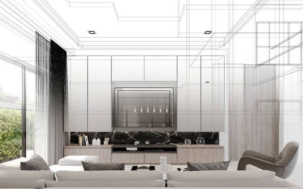 舒适客厅室内设计 3D渲染 免版税图库照片