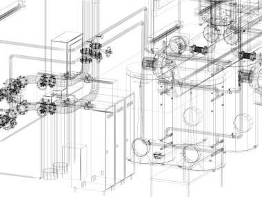 Fabrikada boruları olan endüstriyel ekipmanlar. 3d rendeing tel çerçeve