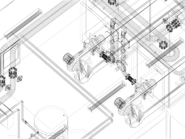 Industriële Apparatuur Met Leidingen Fabriek Het Renderen Van Draad Frame — Stockfoto