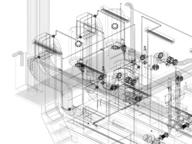 Fabrikada boruları olan endüstriyel ekipmanlar. 3d rendeing tel çerçeve