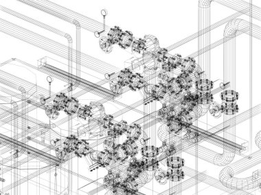 Fabrikada boruları olan endüstriyel ekipmanlar. 3d rendeing tel çerçeve